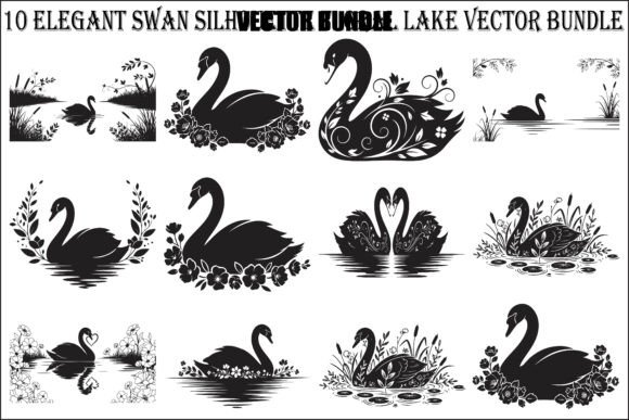 10 Elegant Swan Silhouette Floral Lake Graphics & Illustrations