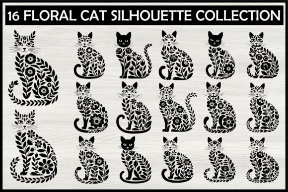 16 Decorative Floral Cat Silhouettes