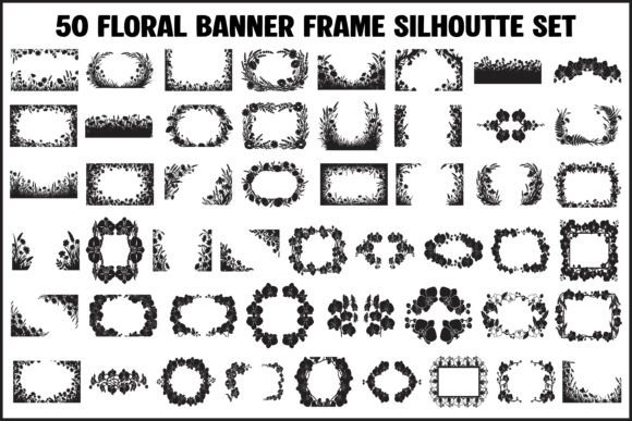 50 Floral Banner Frame Silhouette Set: Premium Graphics & Illustrations
