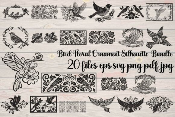 Bird Floral Ornament Silhouette Bundle: Graphics & Illustrations