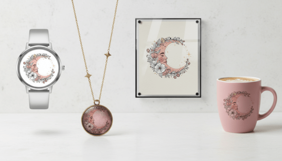 Boho Floral Moon Face Celestial Graphics & Illustrations